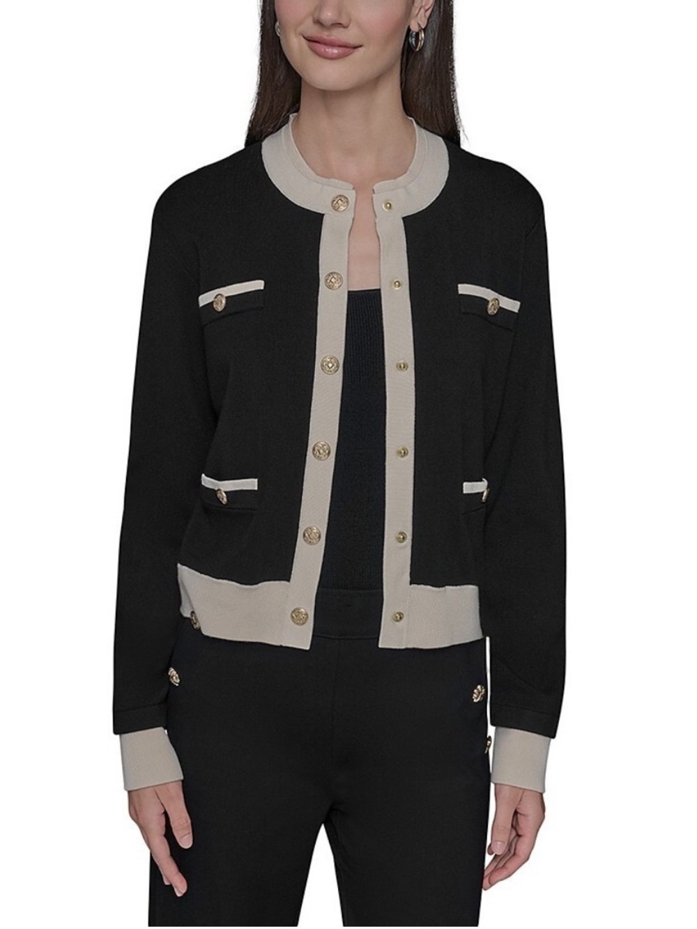 Karl Lagerfeld Paris Contrast Trim Cardigan Black/Birch Front Button Size Medium